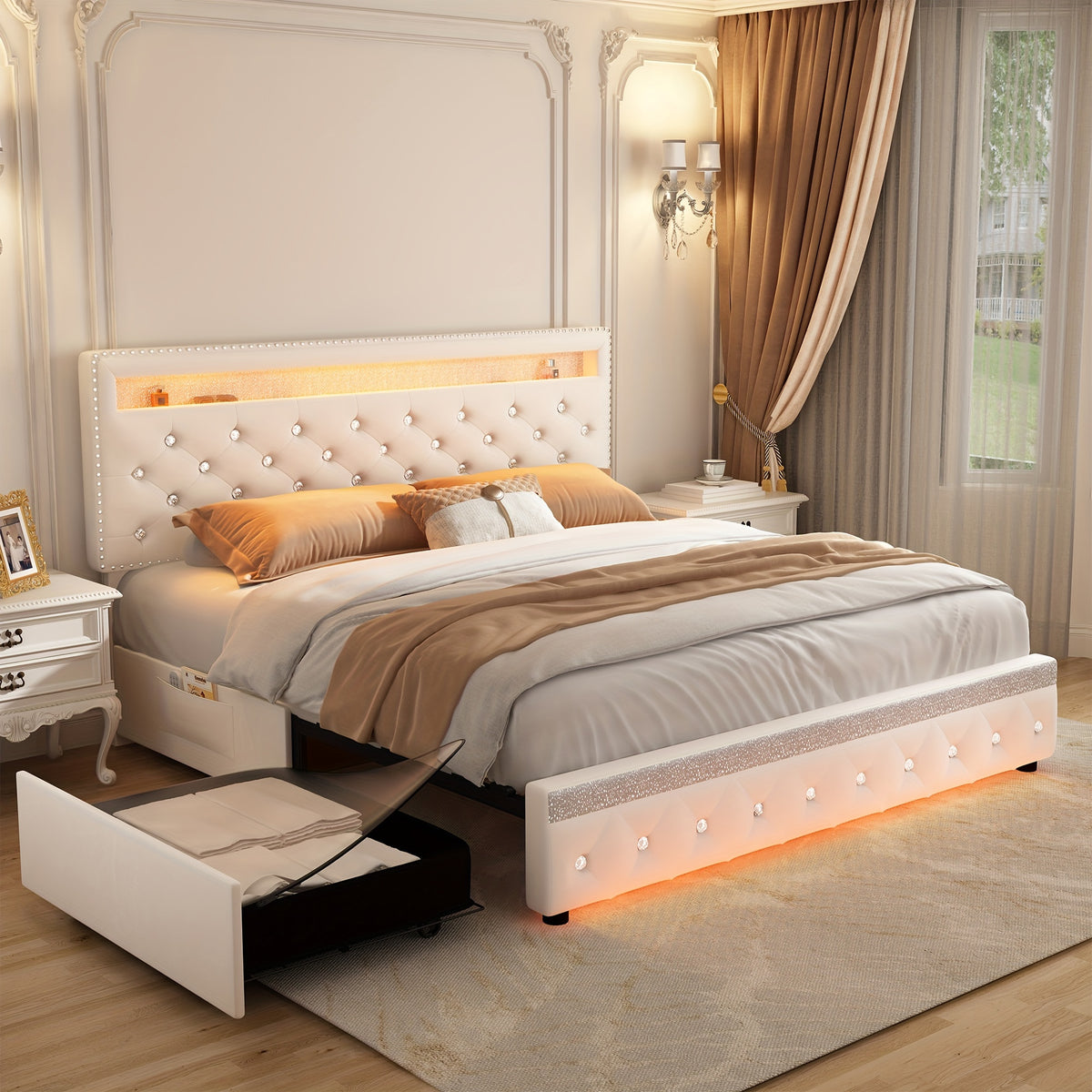 queen size bed frame led lights upholstered bed - Temu