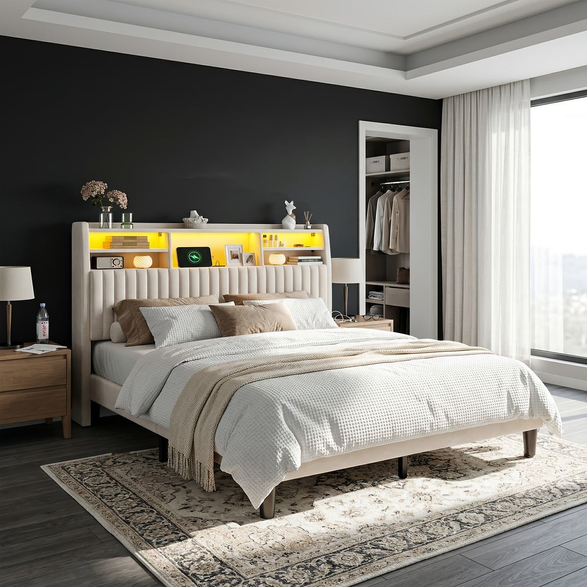 king size storage bed frame 2 tier shelf headboard led - Temu