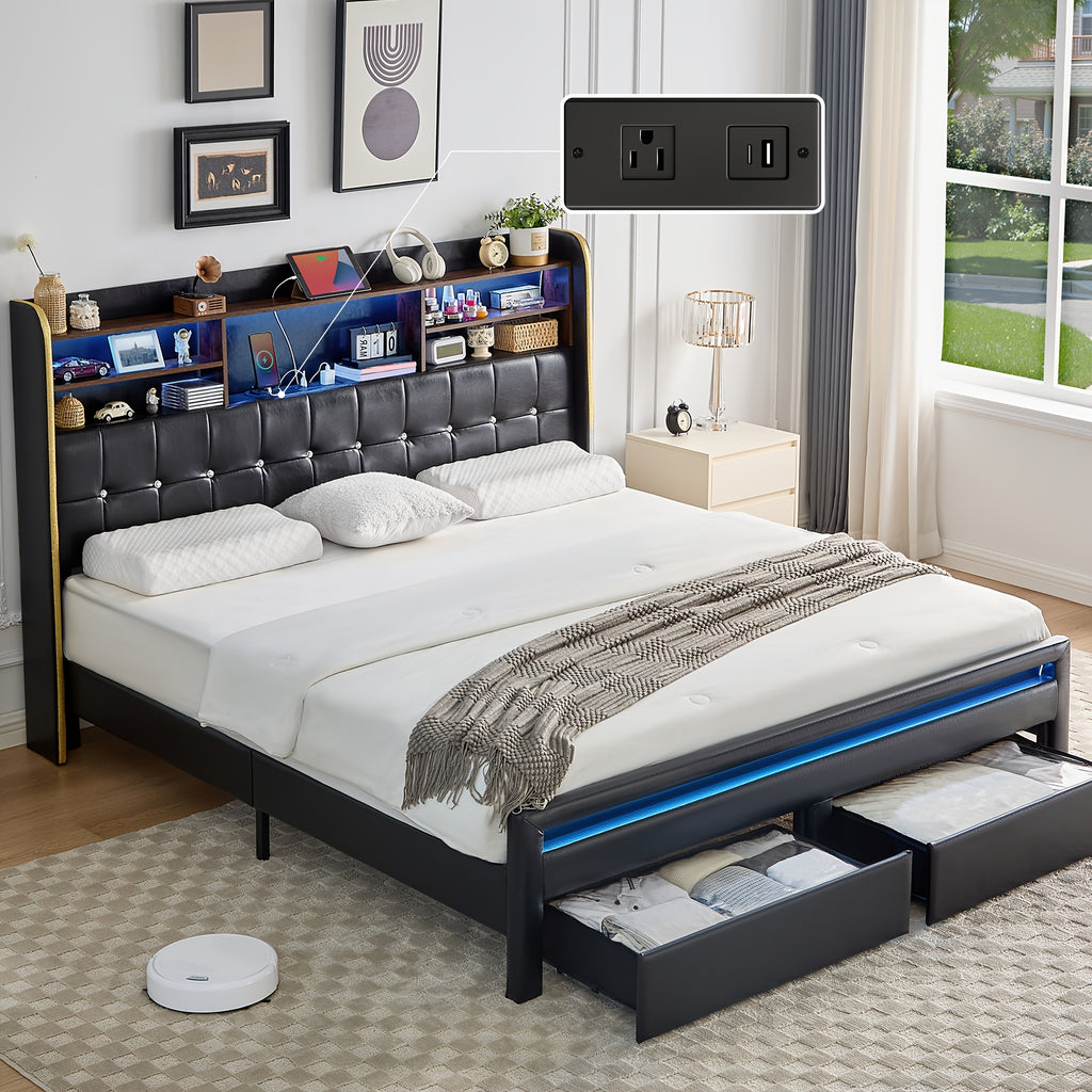 a queen sized bed frame featuring a headboard bookcase - Temu