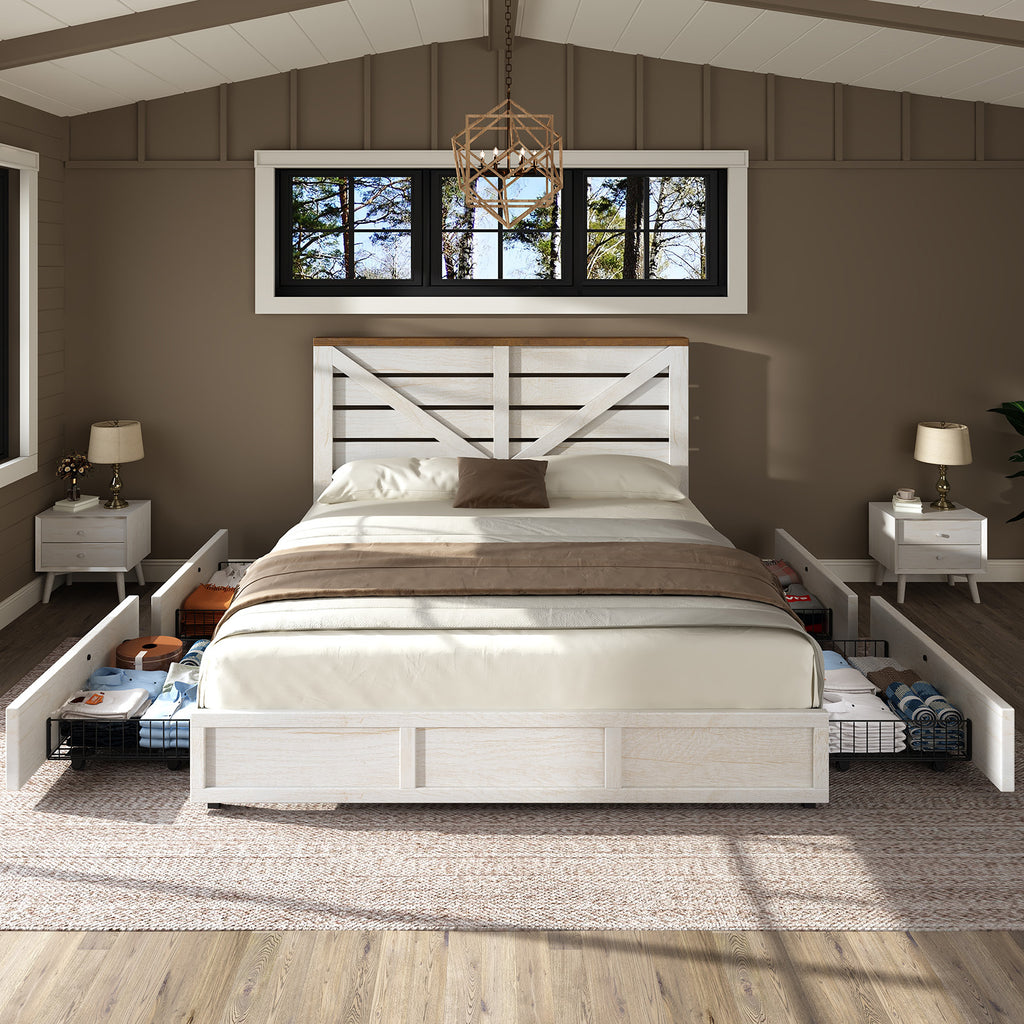 farmhouse bed frame 4 storage drawers rustic vintage mdf - Temu