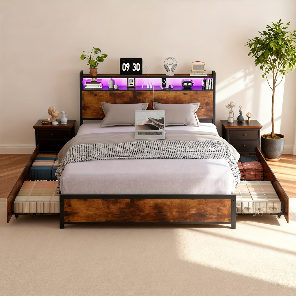 queen size bed frame storage headboard 4 drawers no - Temu