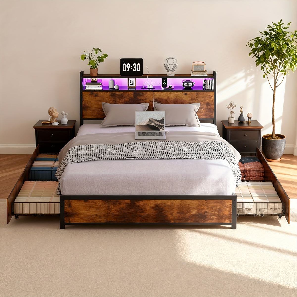 queen size bed frame storage headboard 4 drawers no - Temu