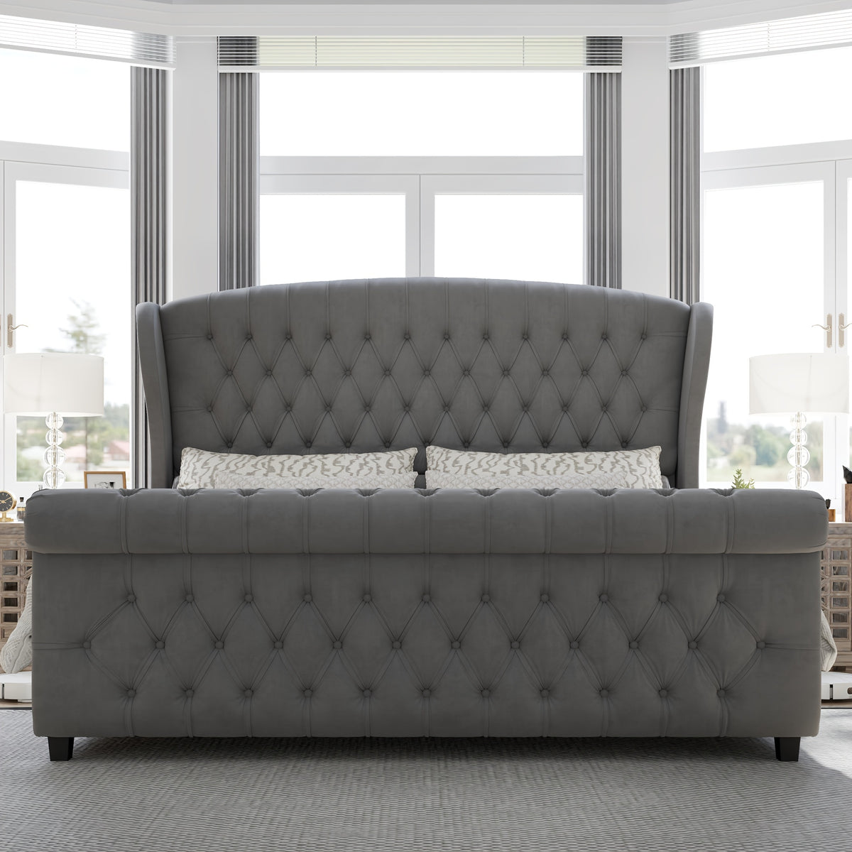 platform bed frame chenille upholstered   scroll - Temu