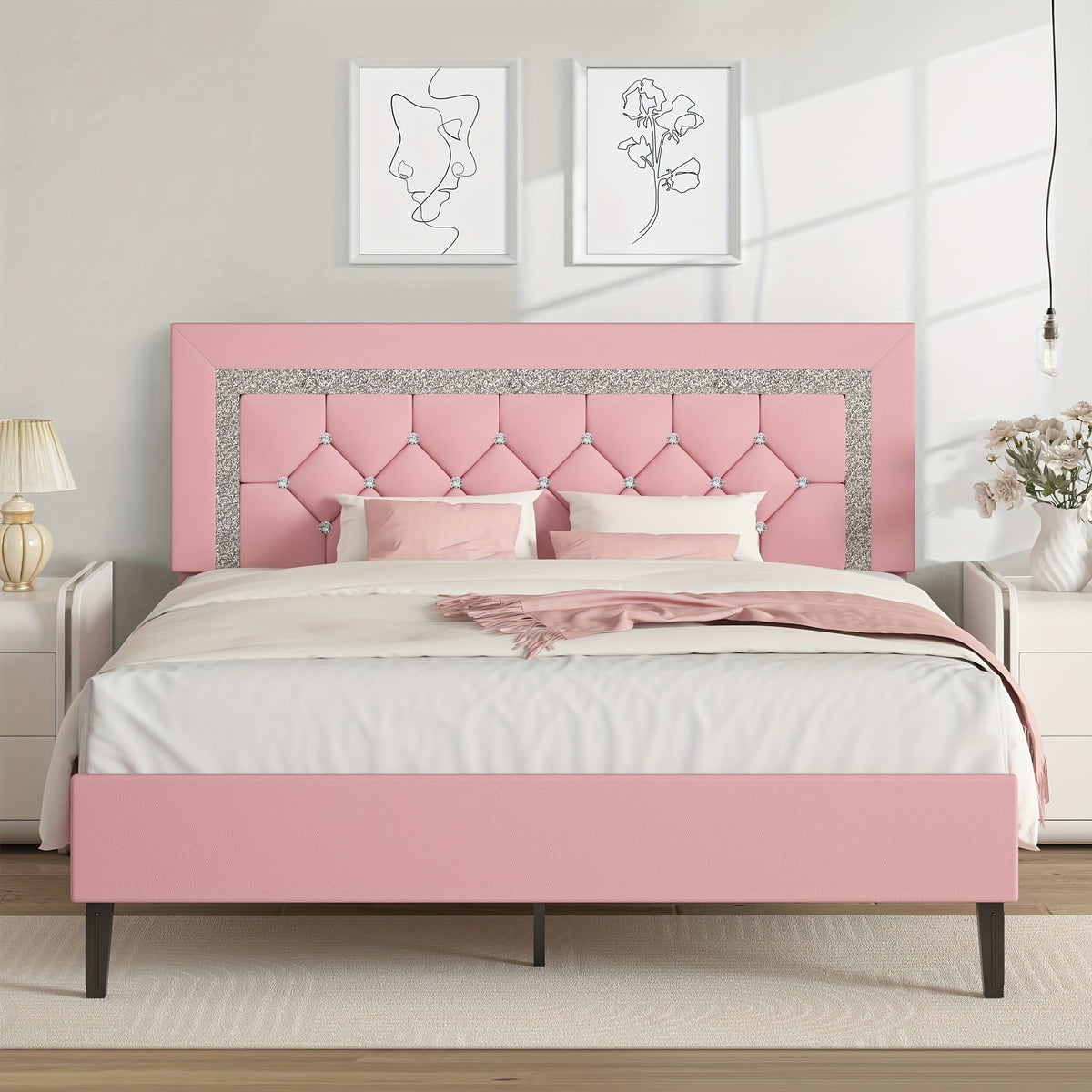 twin full queen bed frame tufted button headboard - Temu