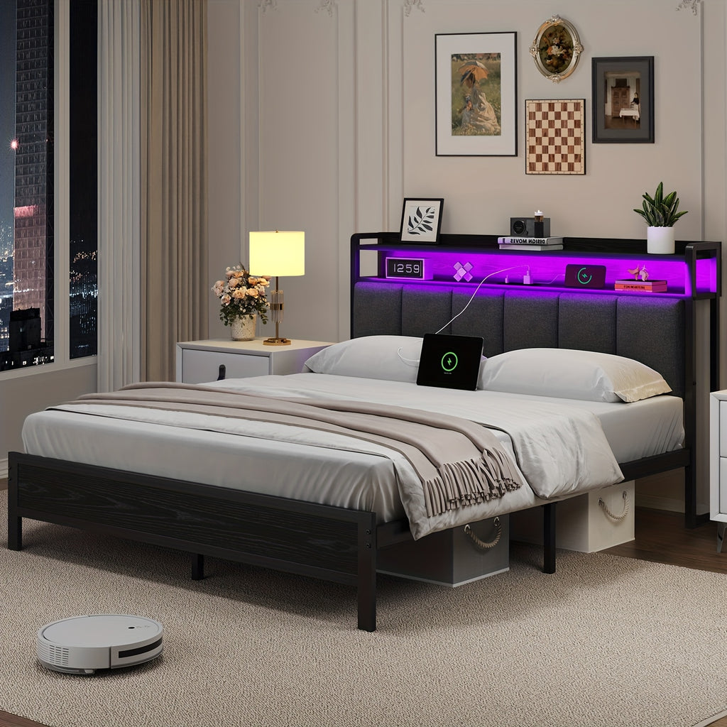 twin full queen king bed frame storage headboard led lights - Temu