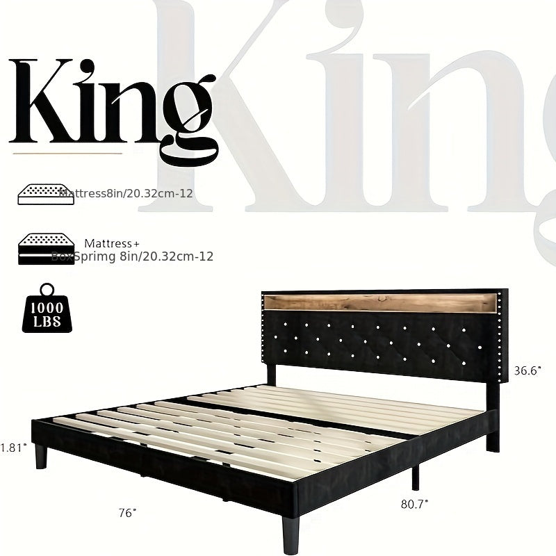 bed frame led lights velvet upholstered platform bed storage - Temu