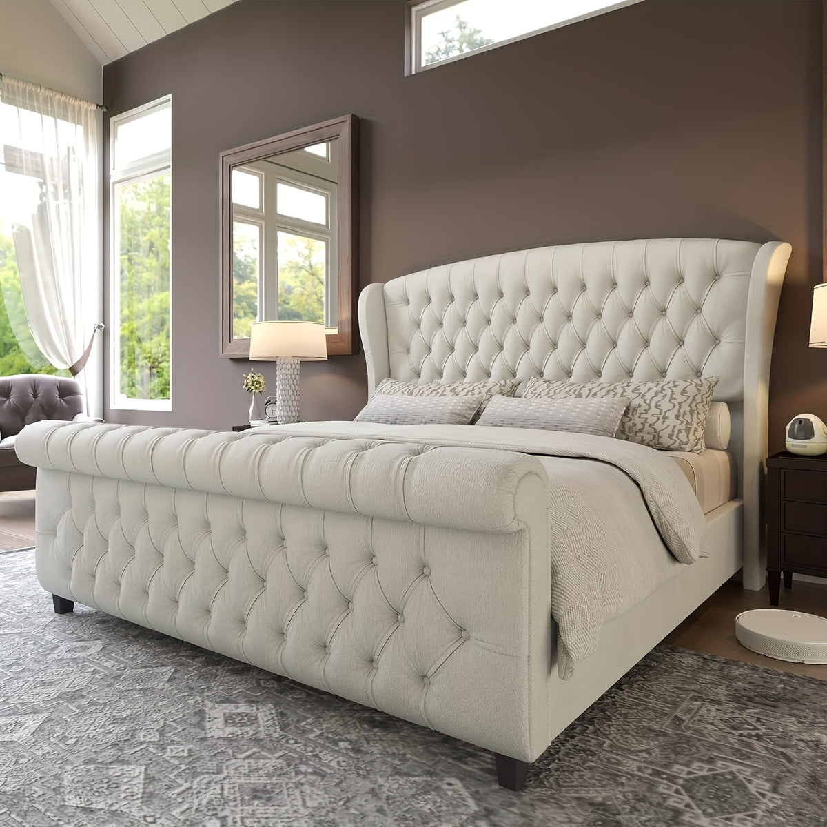 chenille upholstered platform bed frame scroll wingback - Temu