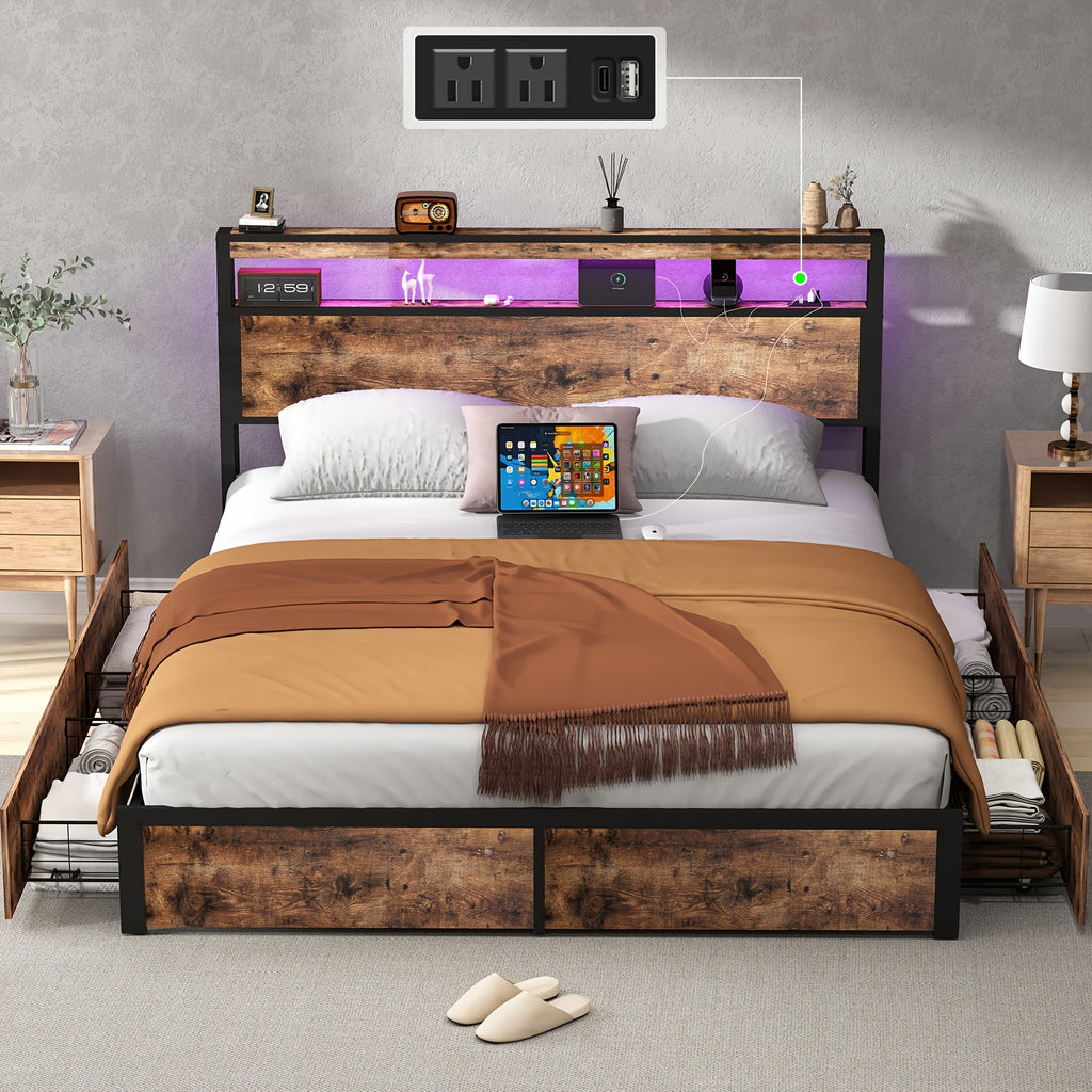 full queen king size bed frame 4 storage drawers headboard - Temu