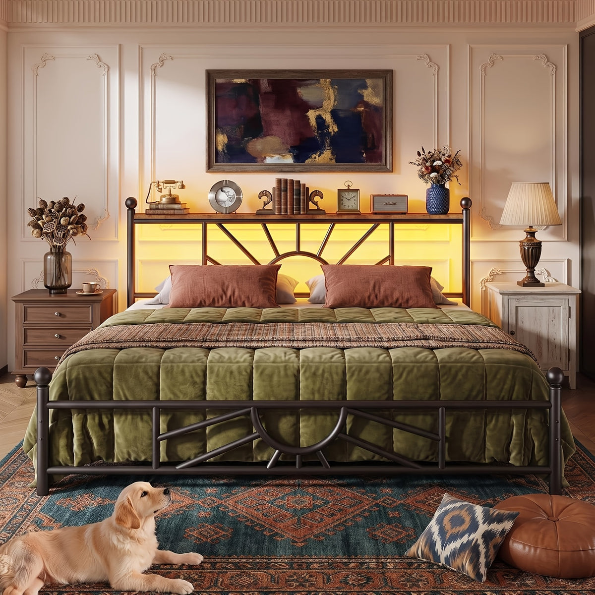 twin full queen king retro metal bed frame led lights - Temu