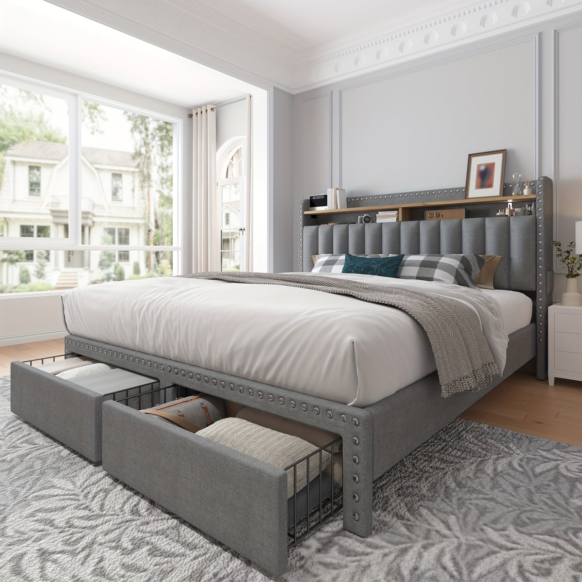 king size upholstered bed frame storage 2 tier headboard 2 - Temu