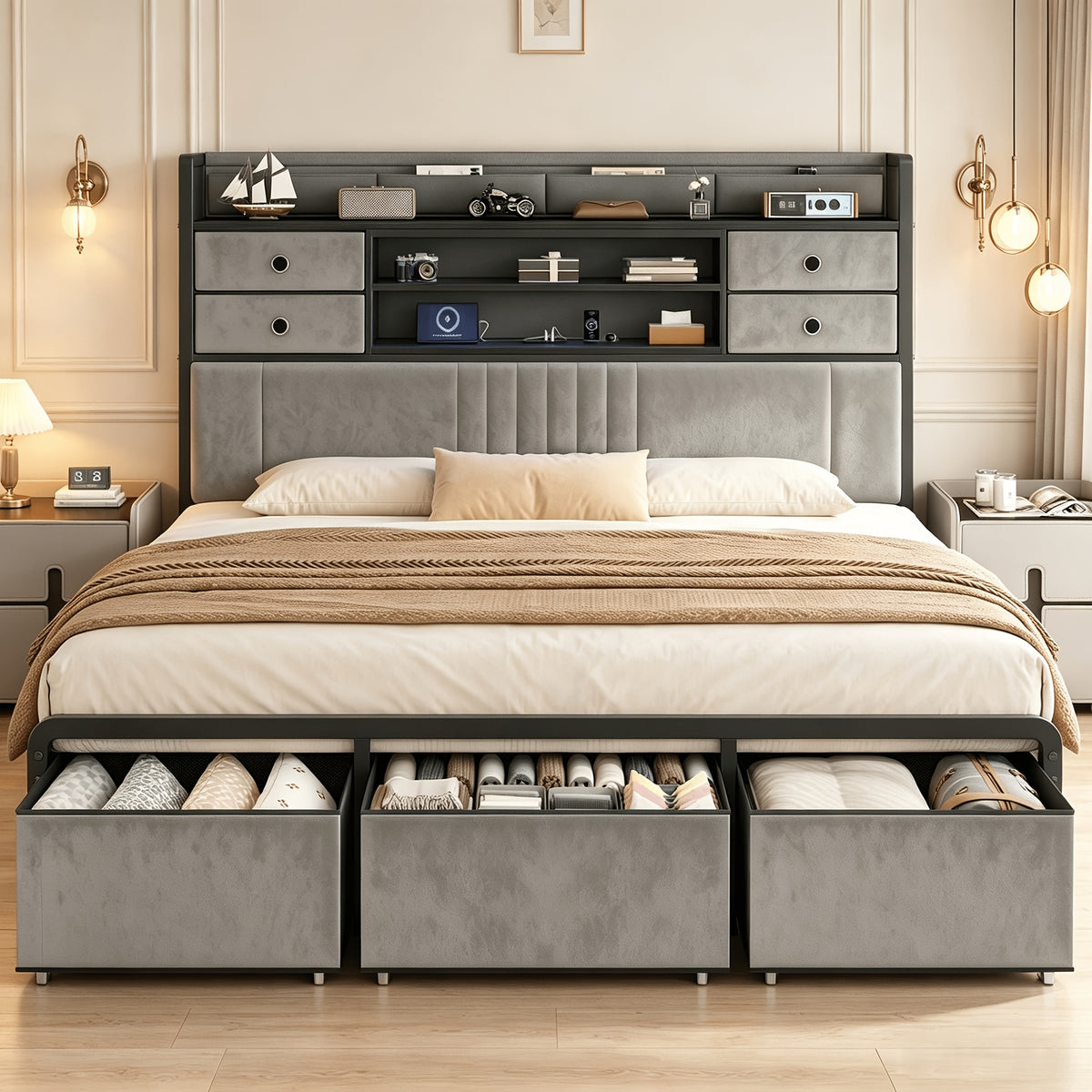 velvet platform bed frame headboard storage 4 fabric - Temu