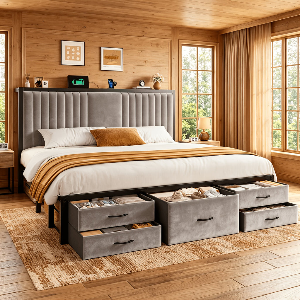 king queen full size velvet bed frame 5 storage drawers - Temu