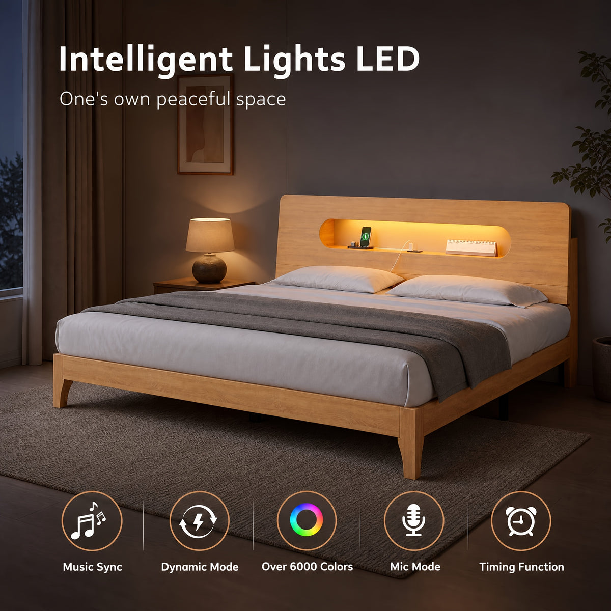 led bed frame usb charging storage shelf solid wood platform - Temu