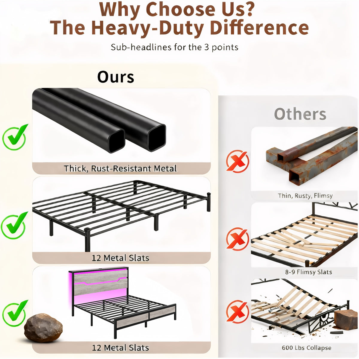 bed frame usb ports led lights headboard shelf heavy duty - Temu