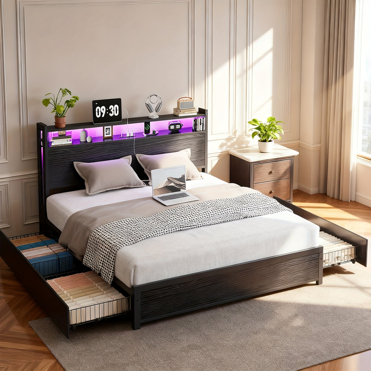 queen size bed frame storage headboard 4 drawers no - Temu