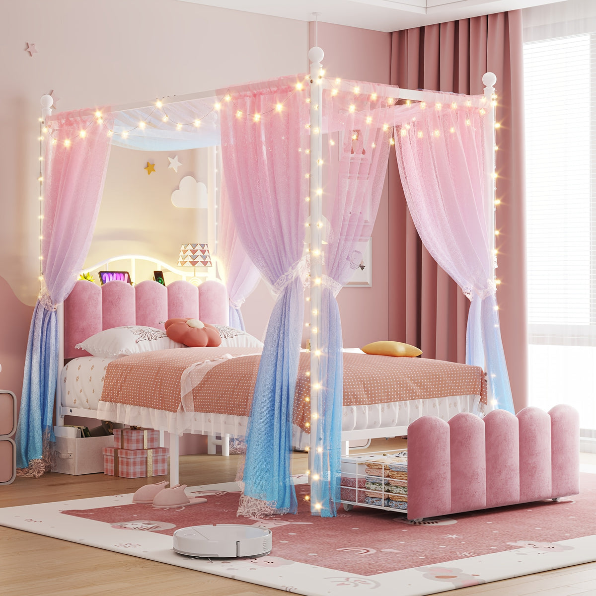 twin full queen upholstered canopy bed frame 2 drawers - Temu