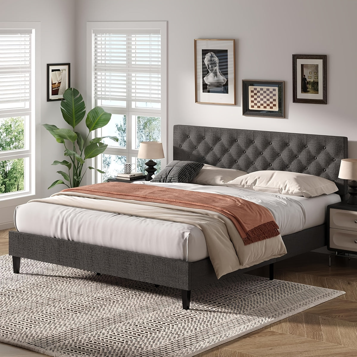 twin full queen king size bed frame headboard linen fabric - Temu