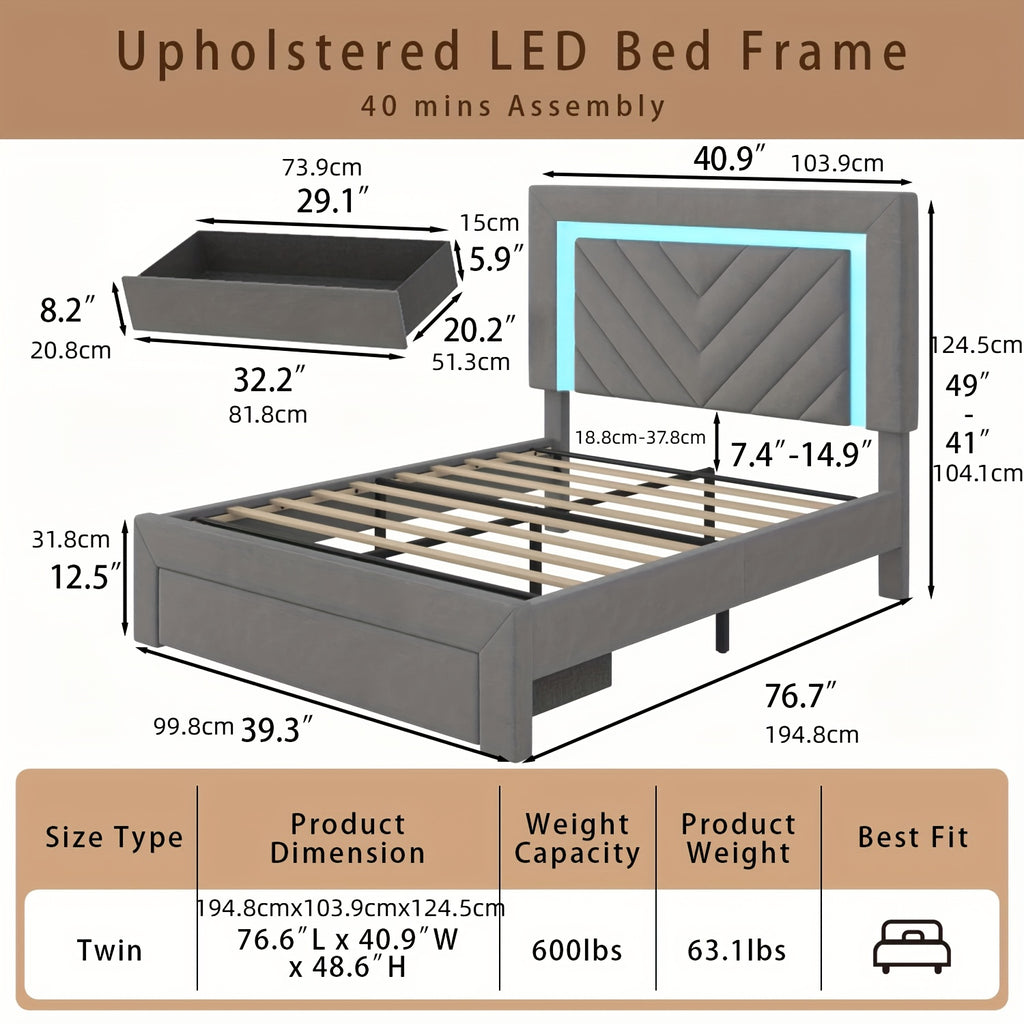 upholstered bed frame adjustable led headboard charging - Temu