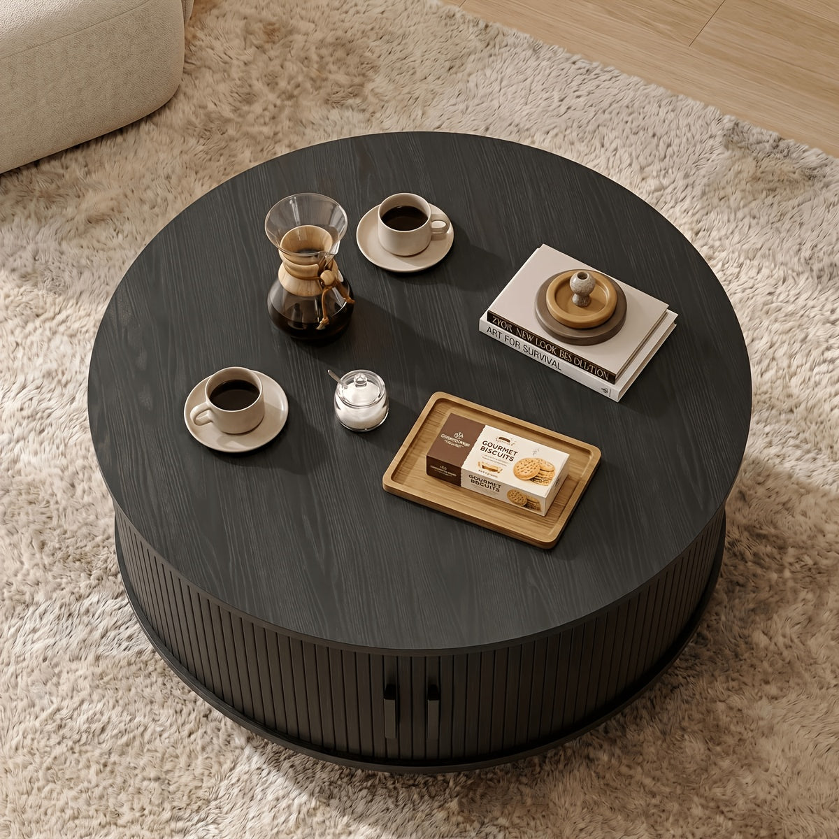 32 modern round coffee table sliding door storage wooden - Temu