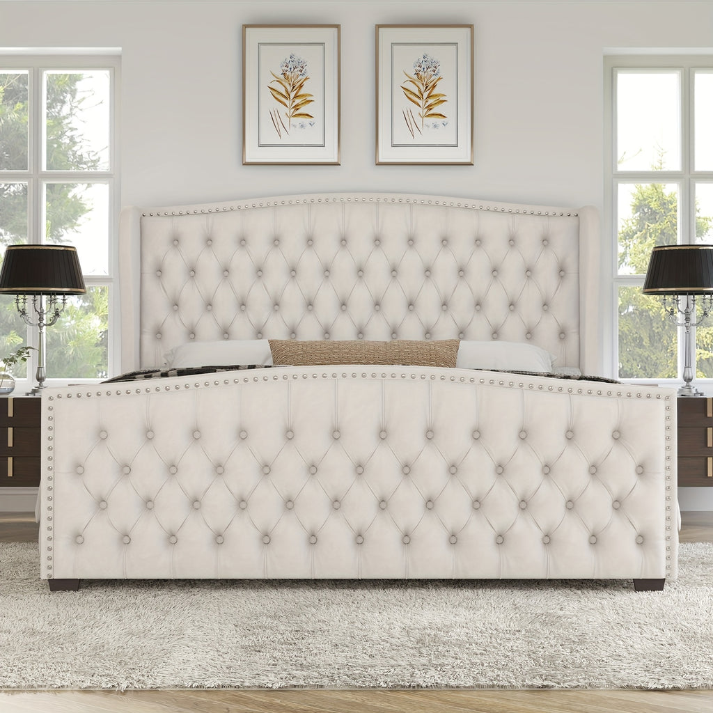 handcrafted velvet bed frame featuring a wingback headboard - Temu