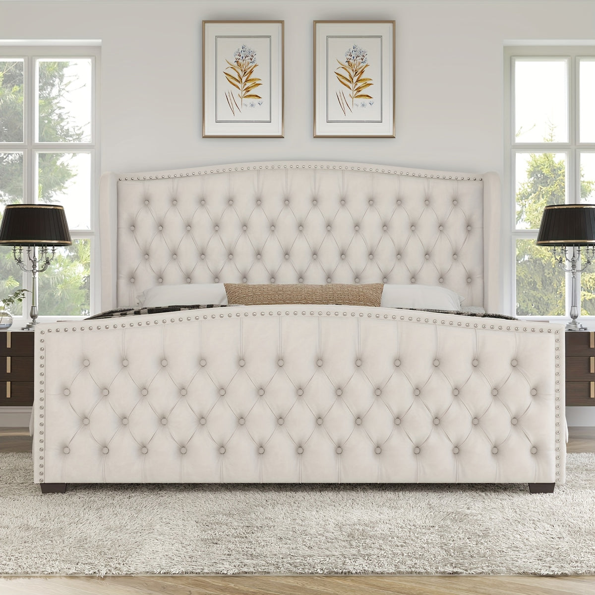 handcrafted velvet bed frame featuring a wingback headboard - Temu