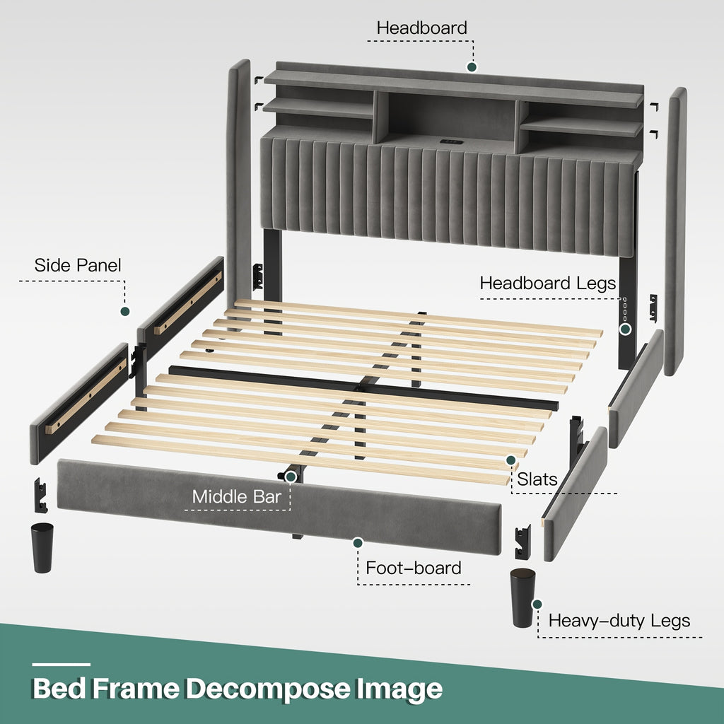 king size storage bed frame 2 tier shelf headboard led - Temu