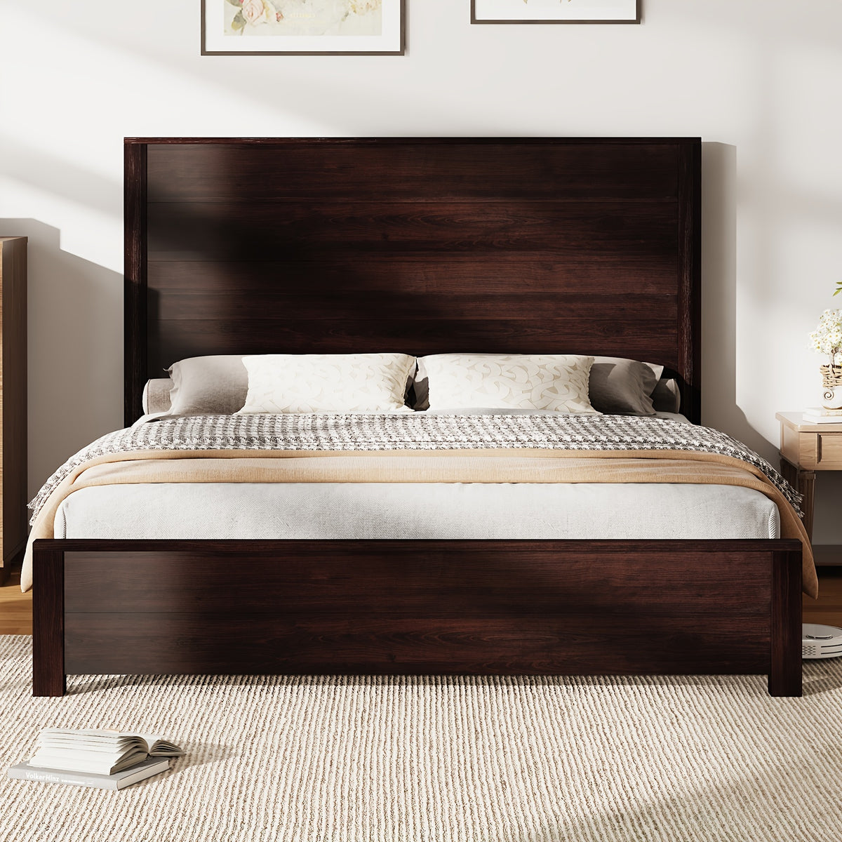 rustic solid wood platform bed frame spliced headboard noise - Temu