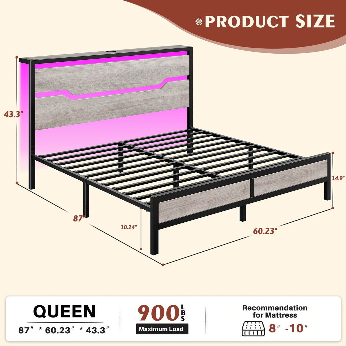 bed frame usb ports led lights headboard shelf heavy duty - Temu