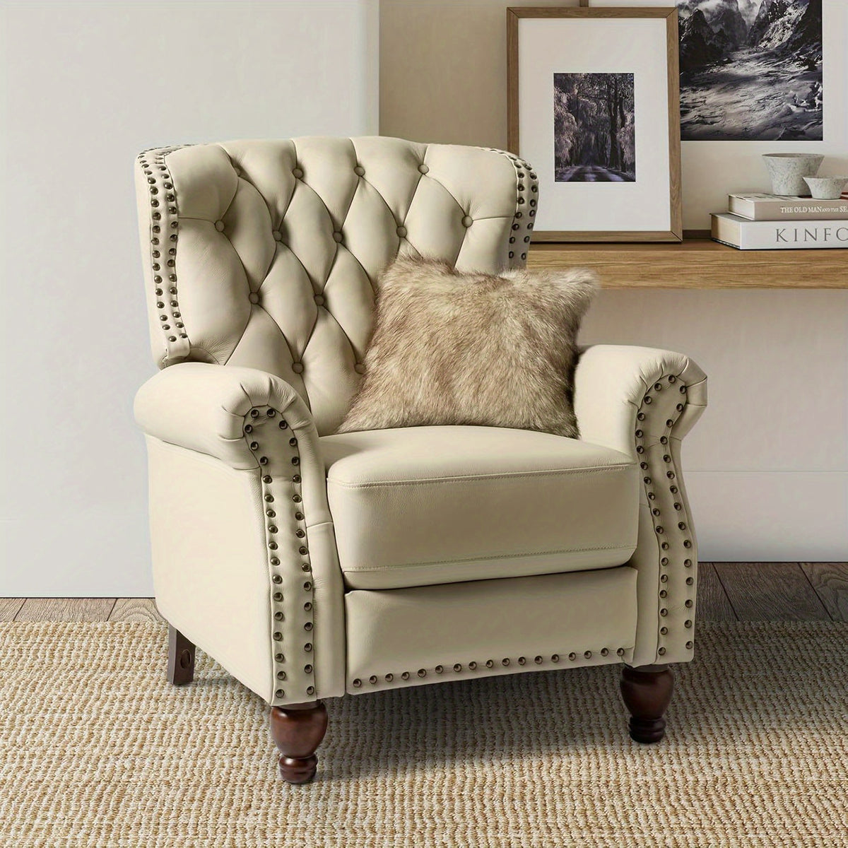 genuine leather recliner chair solid wood legs modern - Temu