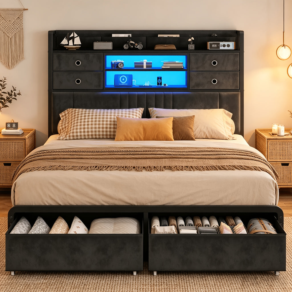 velvet platform bed frame headboard storage 4 fabric - Temu