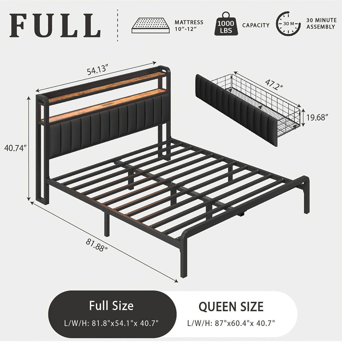metal platform bed frame 2 tier storage headboard hidden - Temu