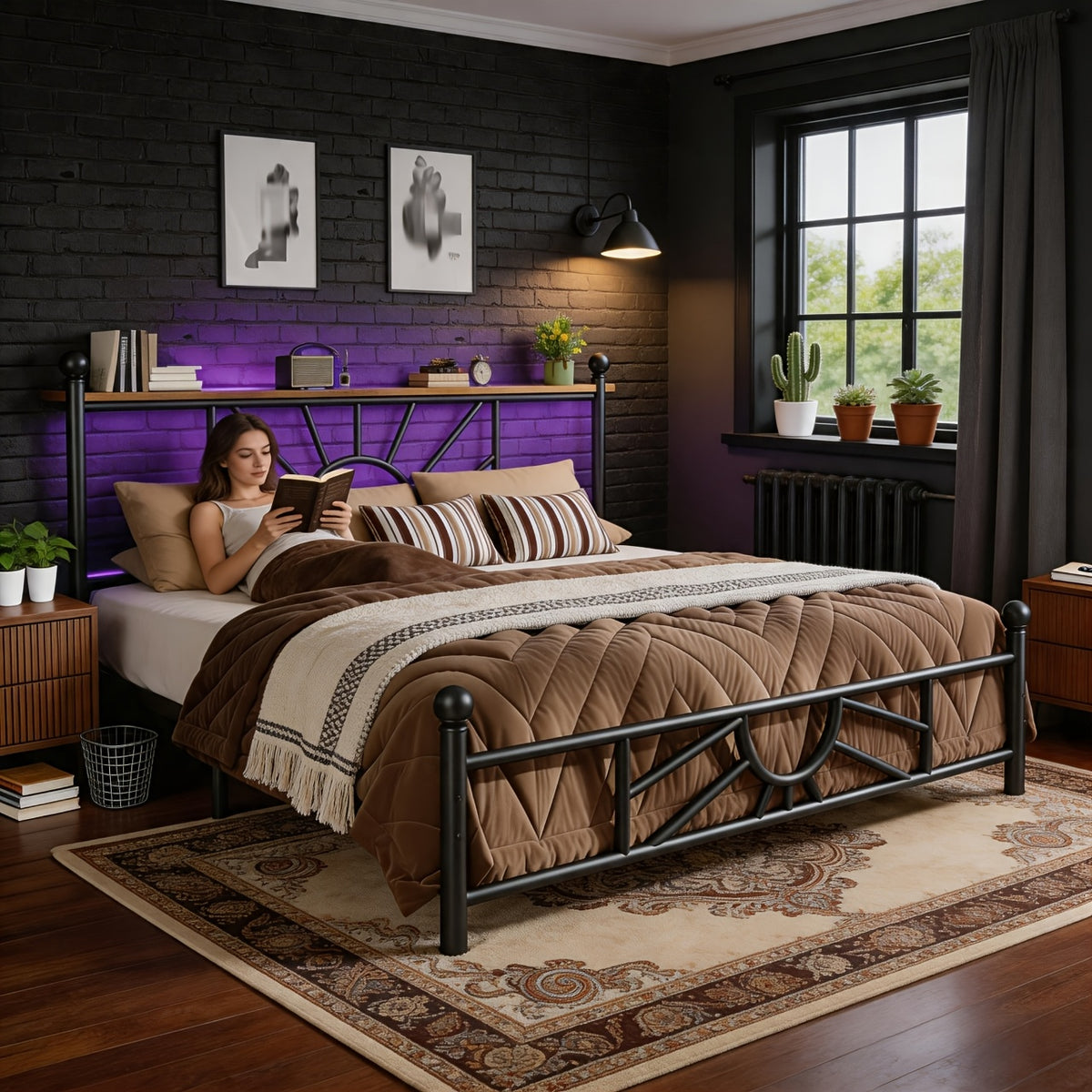 twin full queen king metal bed frame rgb led headboard large - Temu