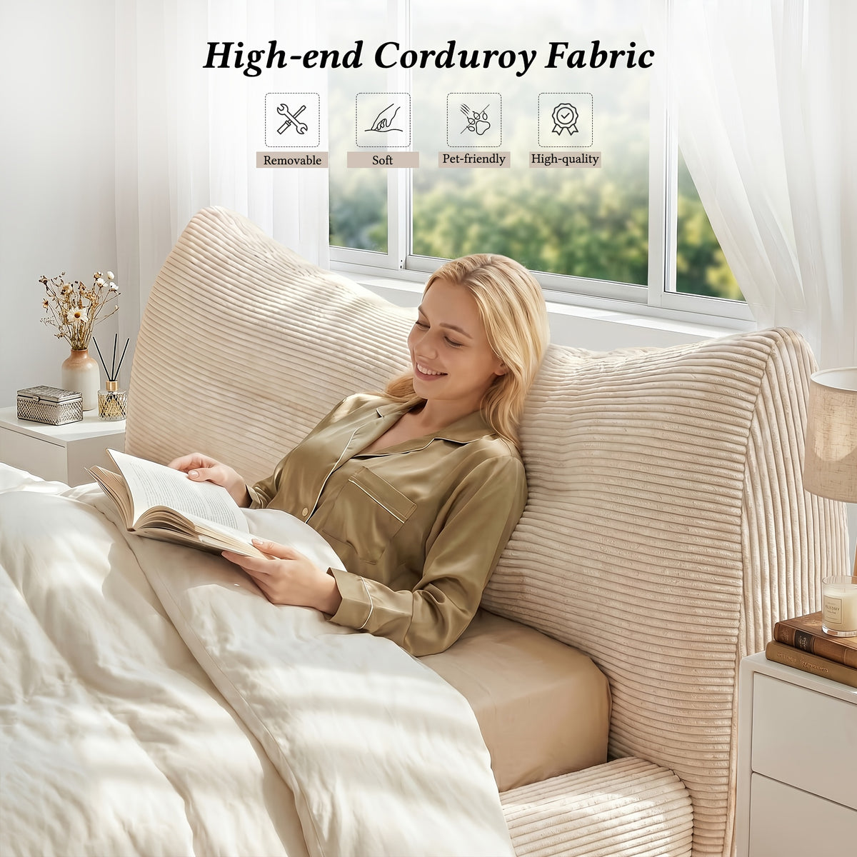 corduroy upholstered bed frame cat ear design - Temu