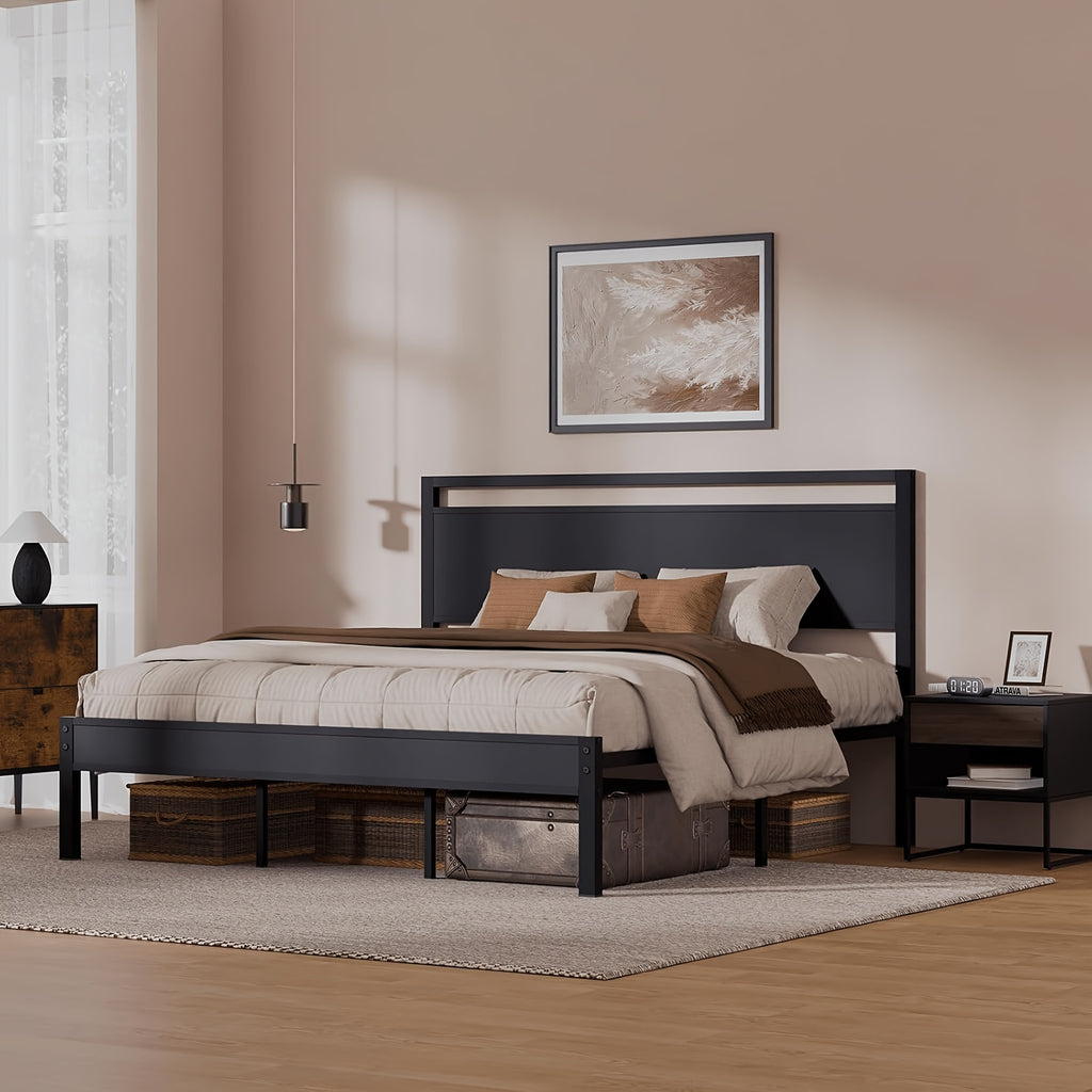 bed frame heavy duty metal platform bed wooden headboard - Temu