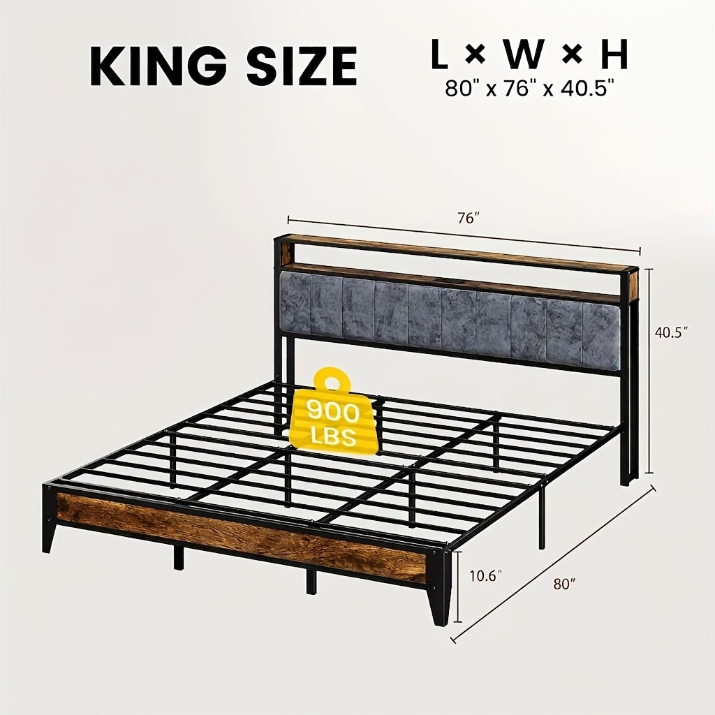 metal bed frame headboard storage shelves led lights type c - Temu