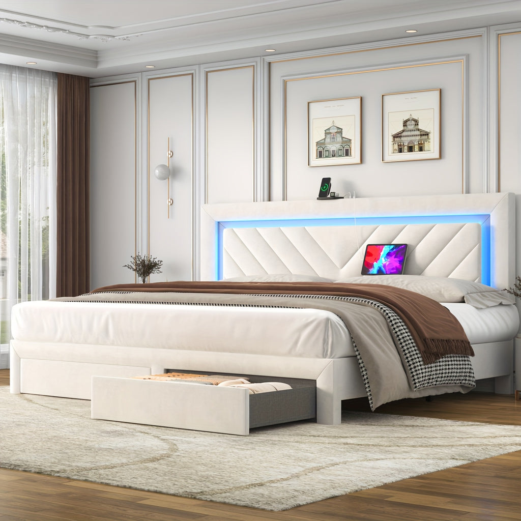 modern upholstered king bed frame adjustable led headboard 2 - Temu