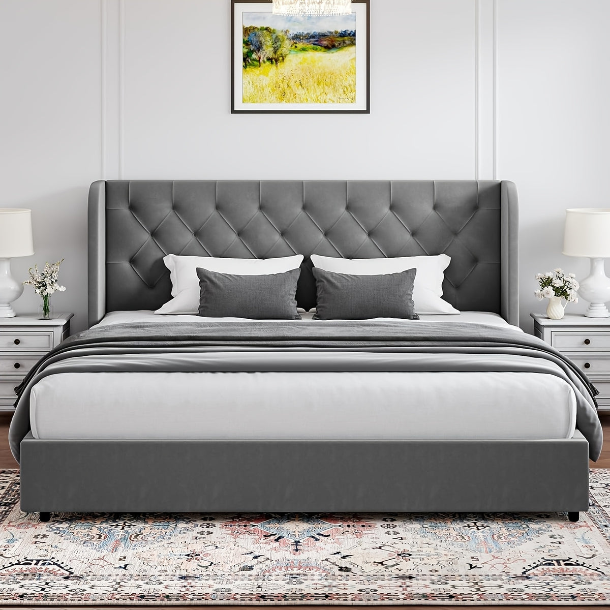 modern upholstered queen bed frame velvet headboard curved - Temu