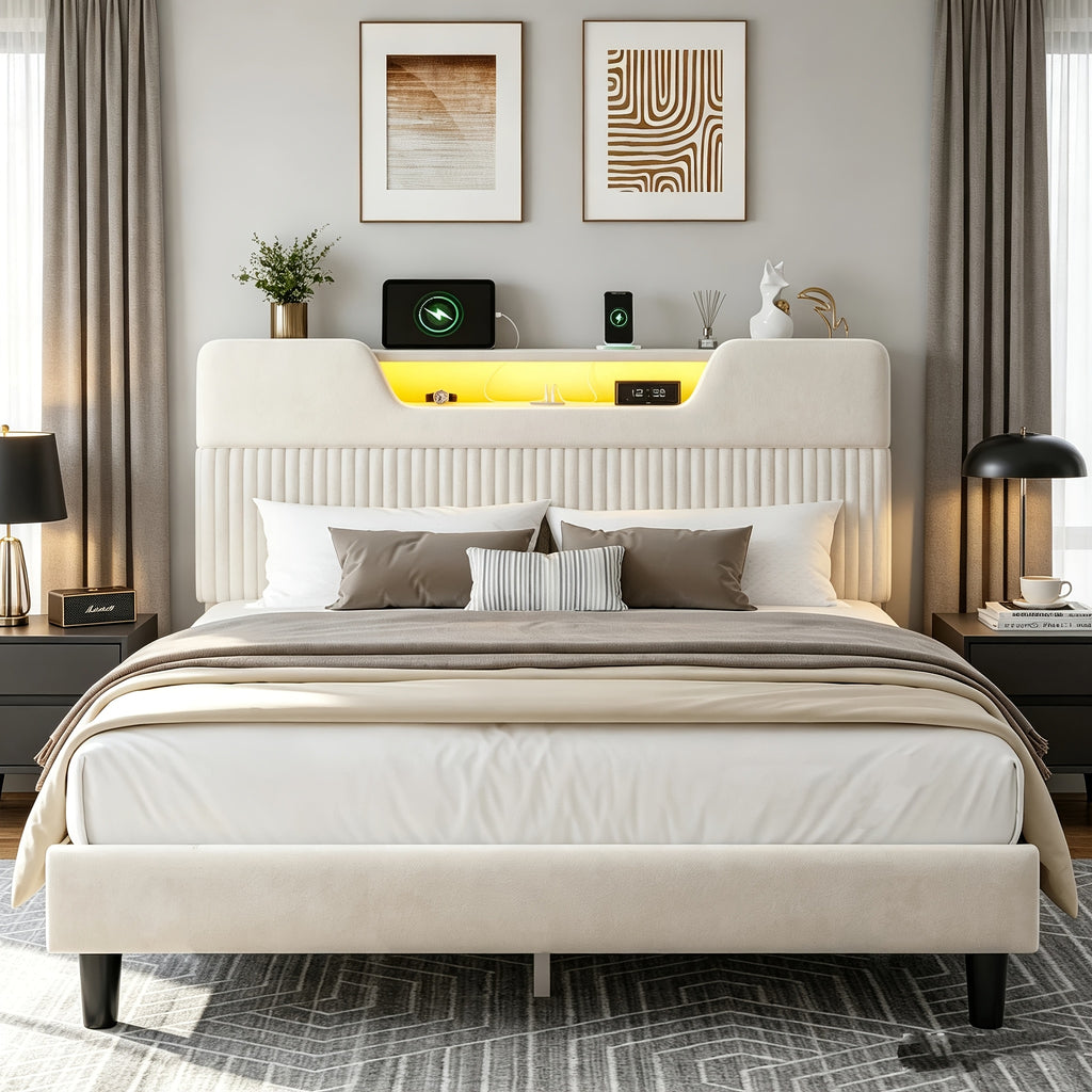 velvet upholstered platform bed frame rgb led lights - Temu