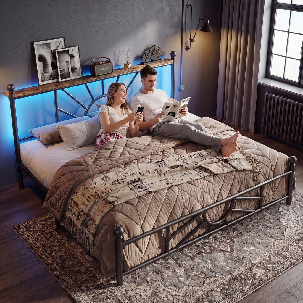 twin full queen king metal bed frame rgb led headboard large - Temu