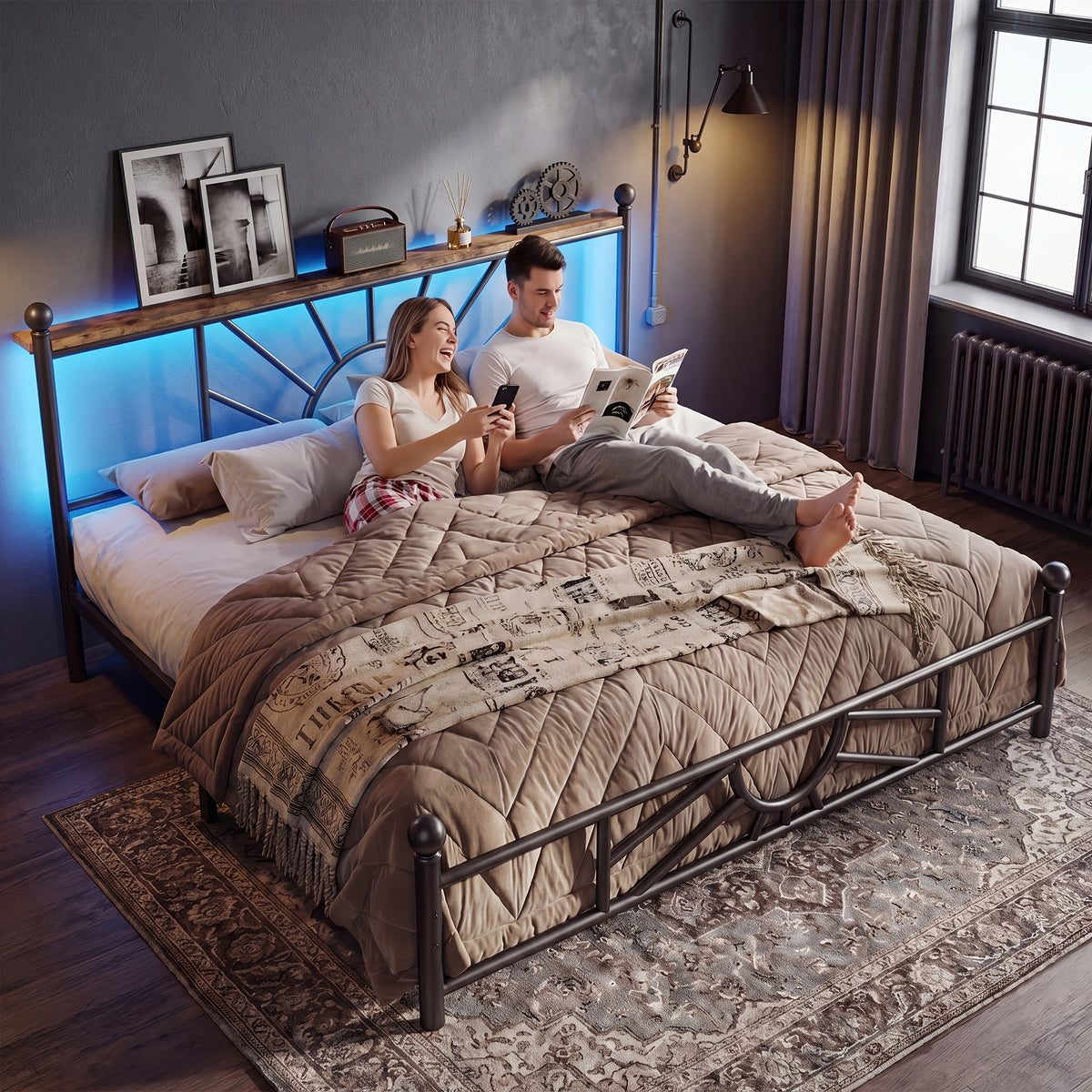 twin full queen king metal bed frame rgb led headboard large - Temu