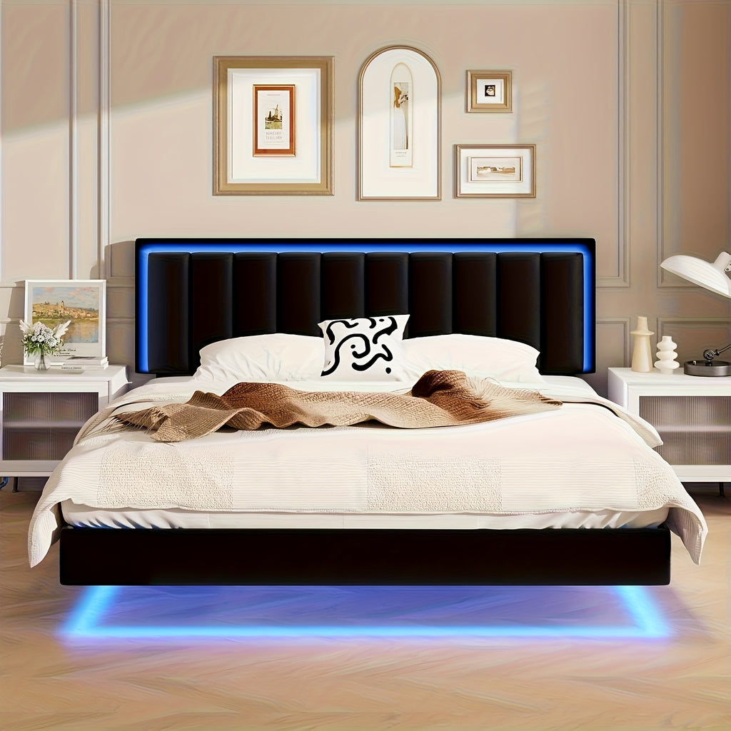 floating bed frame rgb led lights upholstered headboard - Temu
