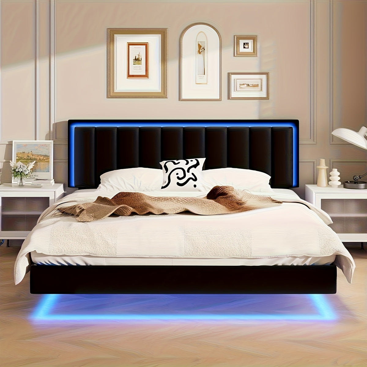 floating bed frame rgb led lights upholstered headboard - Temu
