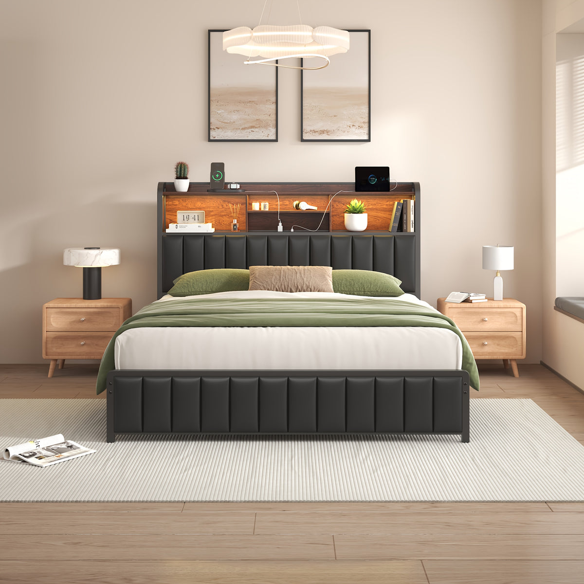 upholstered platform bed frame 3 tier storage headboard - Temu