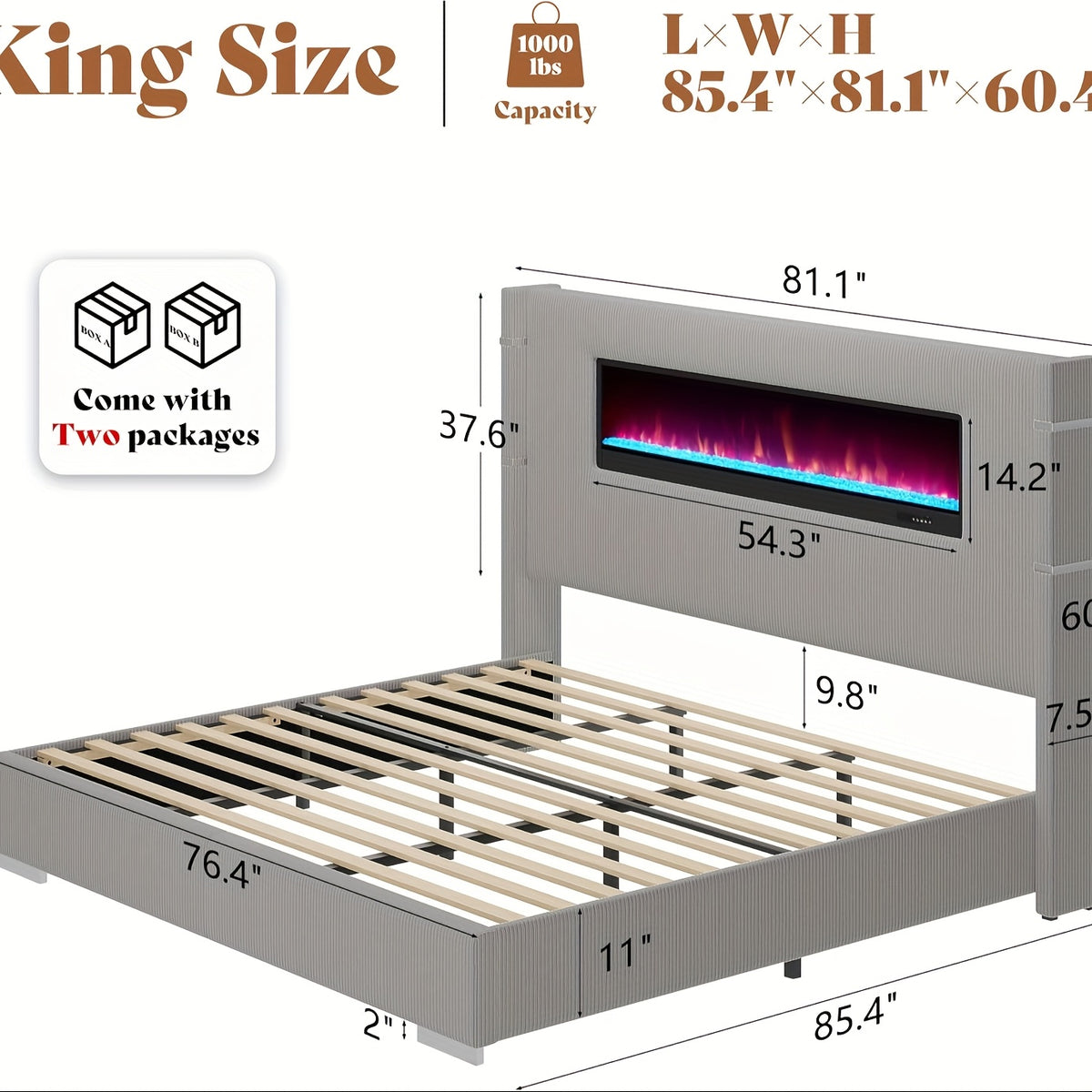 contemporary wingback bed frame integrated fireplace 60 4 - Temu