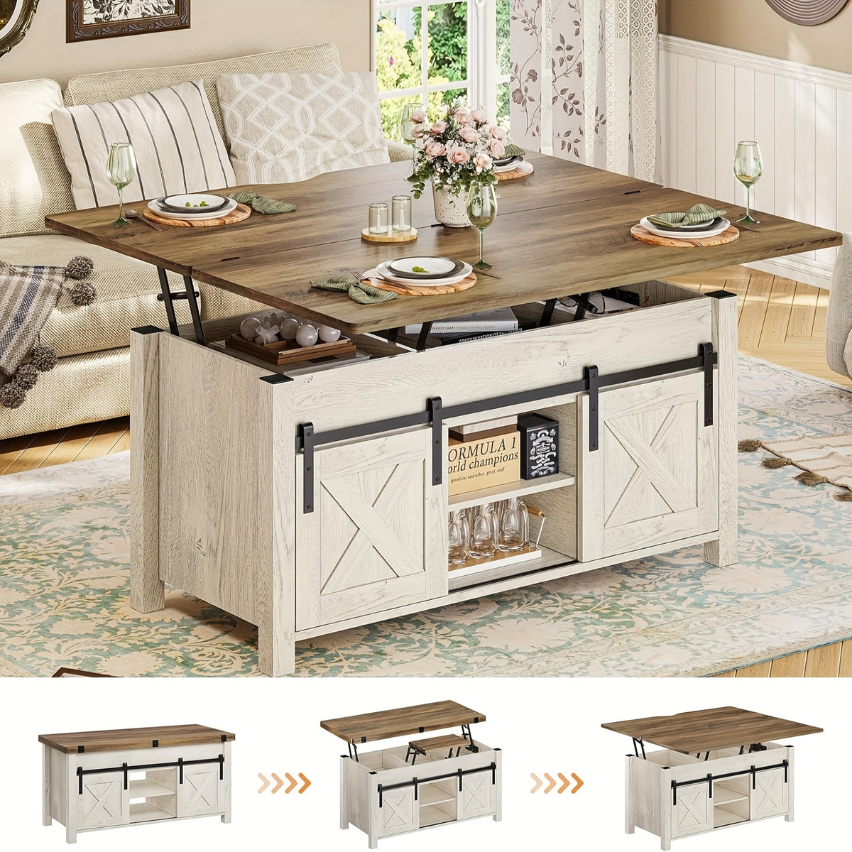 farmhouse lift top coffee table hidden compartments open - Temu