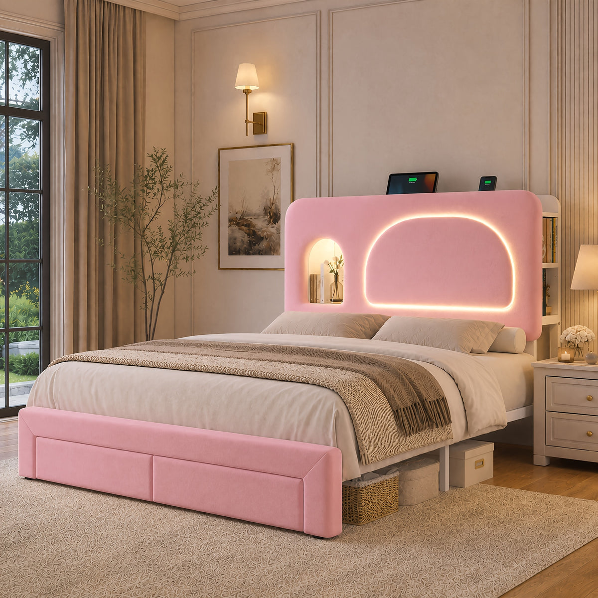 queen size led bed frame storage headboard drawers velvet - Temu