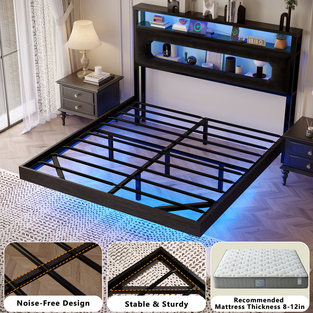 floating bed frame led lighting headboard built in storage - Temu