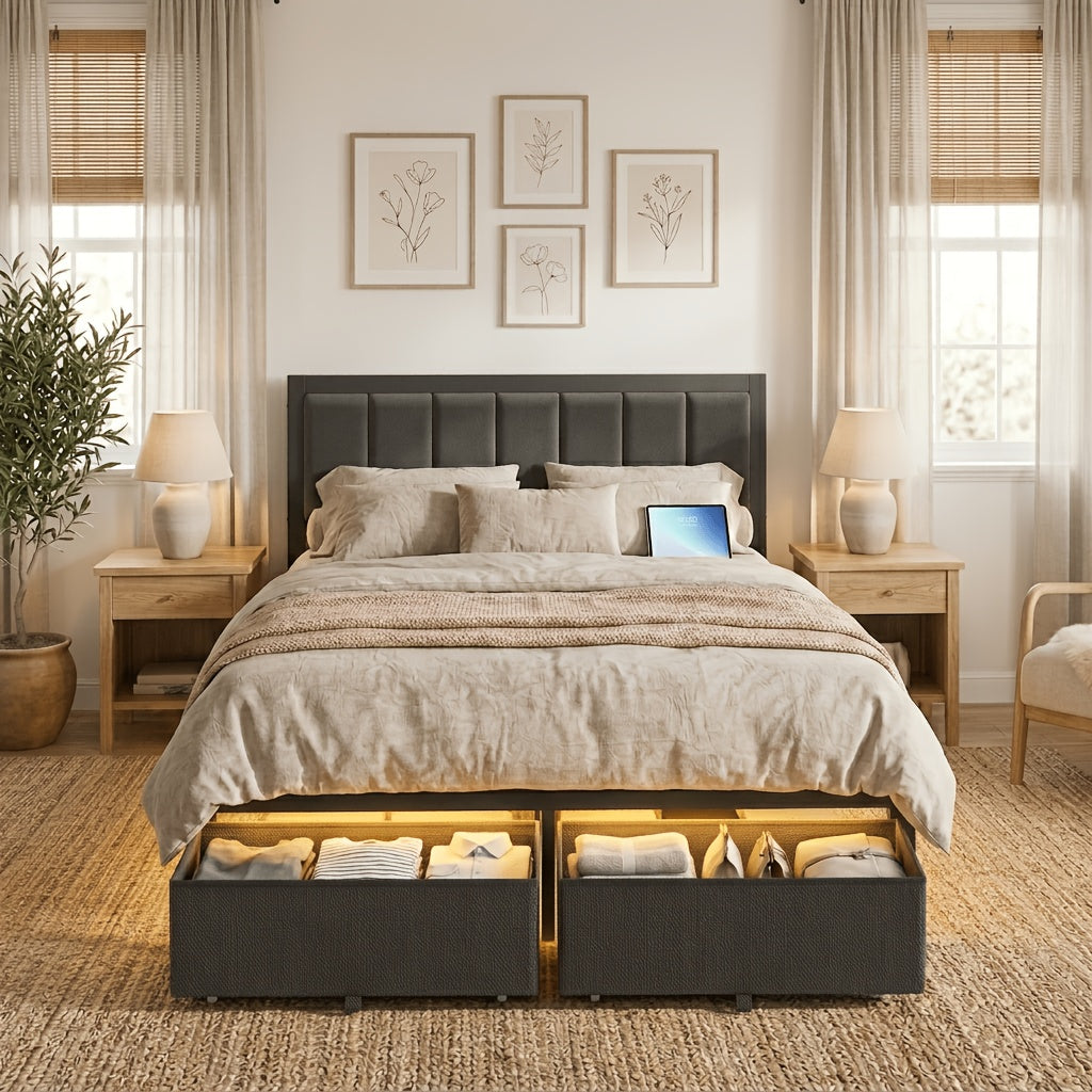 bed frame metal platform bed storage drawers led lighting - Temu