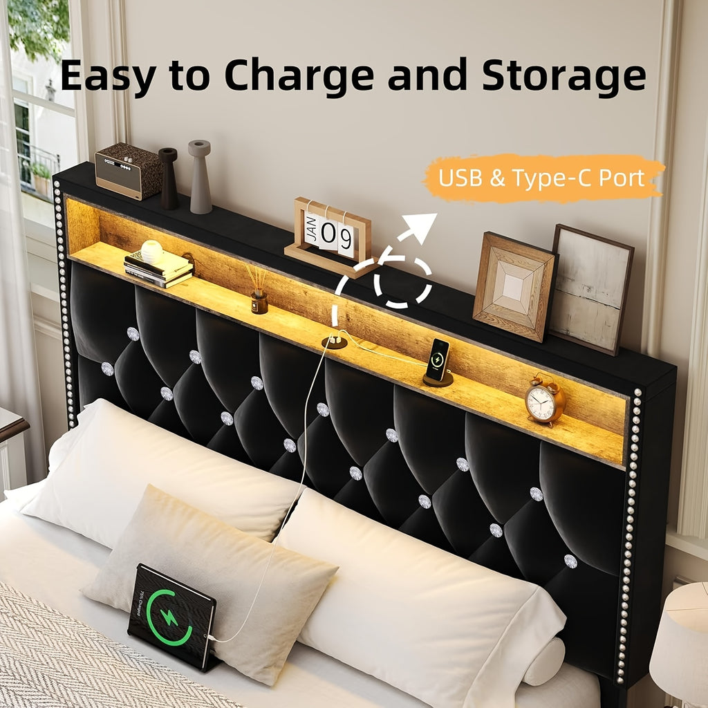 bed frame led lights velvet upholstered platform bed storage - Temu