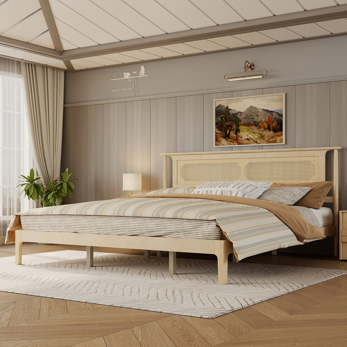 king size platform bed frame pe rattan headboard - Temu